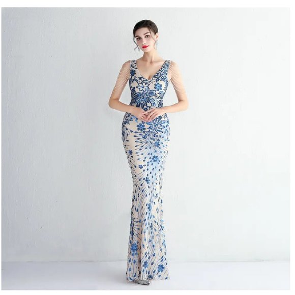 Blue Sequin Dress Glittering Formal Evening Gown Floor Length Event Dress - Picture 4 of 6